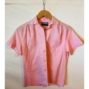 Vintage Pink Eyelet Floral Claudia Button Up Collar Lightweight Blouse Sz Sm